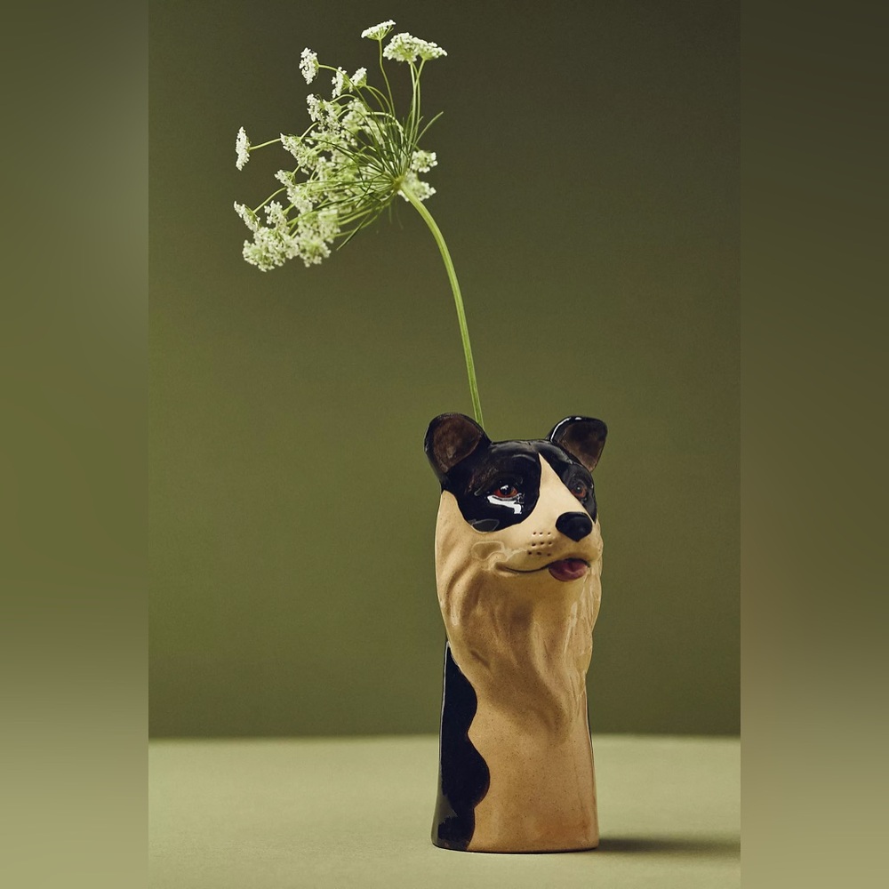 Anthropologie Stoneware Dog Vase - Border Collie